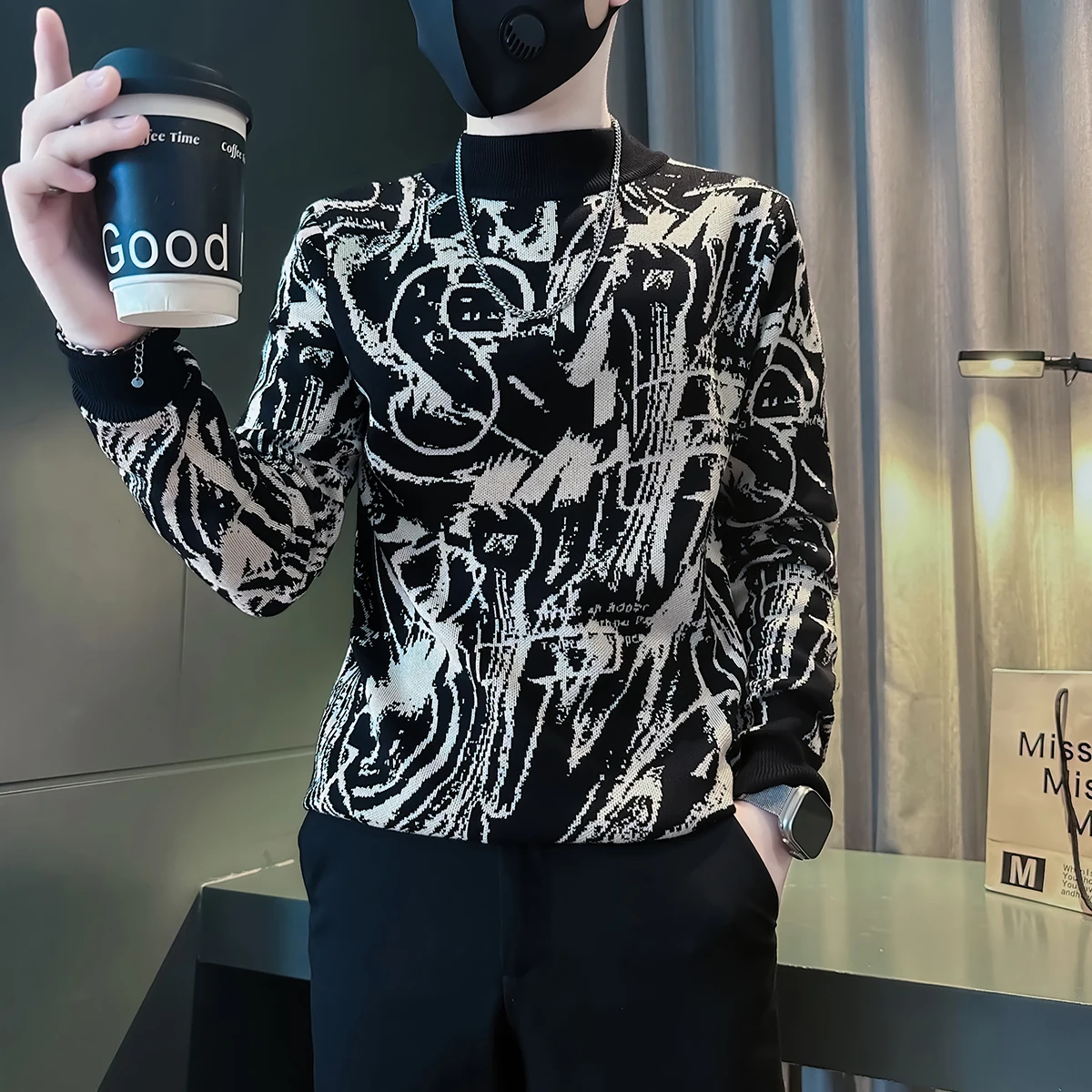 

Autumn Winter Half High Collar Jacquard Knitted Sweater Men Long Sleeve Casual Business Sweaters Slim Fit Knittwear Pullover