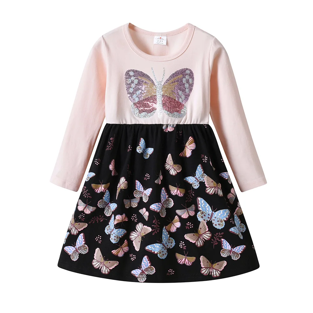 VIKITA Girls Long Sleeve Autumn Spring Dress Kids Butterfly Sequined Appliqued Sparkly Colorful Stylish Cotton Casual Dresses