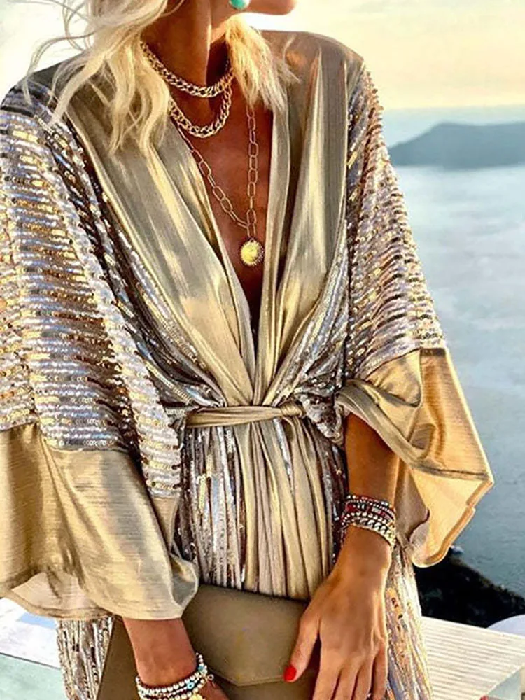 Robe de plage trois-quarts à manches chauve-souris pour femmes, robe de vacances à col en V, robe à lacets à paillettes, robe de soirée maxi patchwork pour dames, été 2022