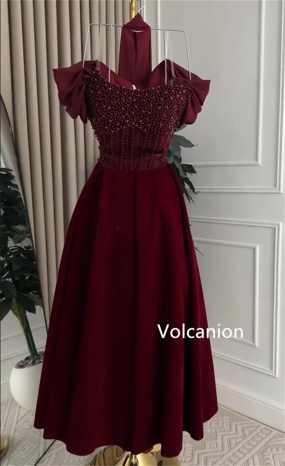 Customized Matching Velour Pleat Sequined A-line Off-the-shoulder Midi Evening Dresses Luxury 2025 Celebrity Modern Style