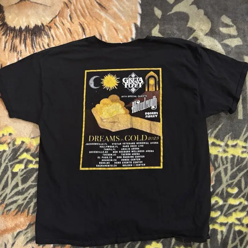 تي شيرت Greta Van Fleet Sz 2XL للرجال أحلام باللون الذهبي مزدوج الجوانب روبرت فينلي #1