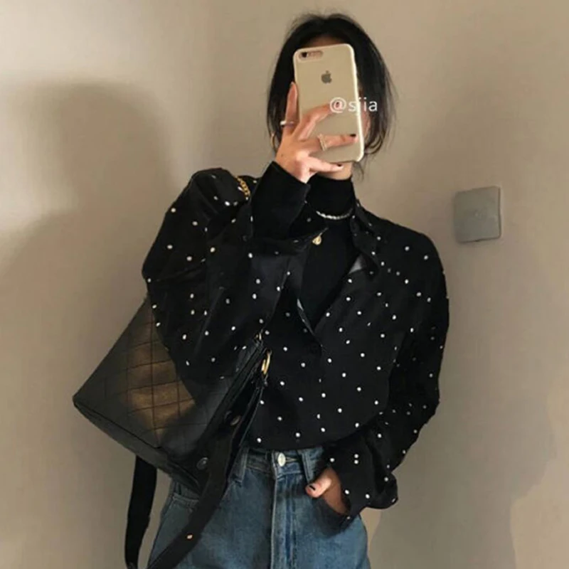 한국 패션 레트로 셔츠, 용수철 가을 프린트 히트 컬러 물방울 무늬, 루즈 캐주얼 단추 긴팔 여성 셔츠, 2024 신상