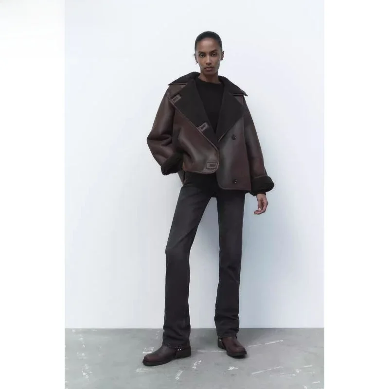 

Double-Sided Leather-and-Fur Jaet Loose Outerwear Women's Faion Autumn-Winter New Sle Tassel Detail Thiened Long Sve