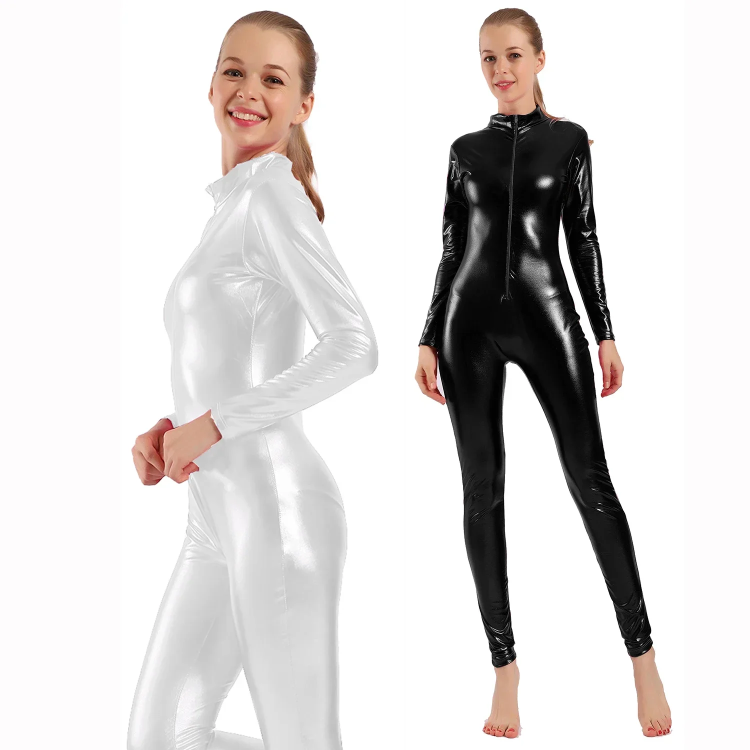 AOYLISEY Women Shiny Metallic Catsuits Unitard Long Sleeve Mock Neck Ballet Jumpsuits for Hollween  Men Cosplay Zentai Costumes