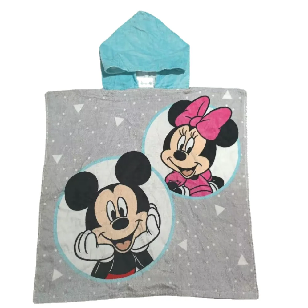 

2023 Disney Lake Blue Minnie Mouse Hooded Bath Towel Classic Baby Girls Boys Cloak Beach Towel Cotton 60cmx120CM