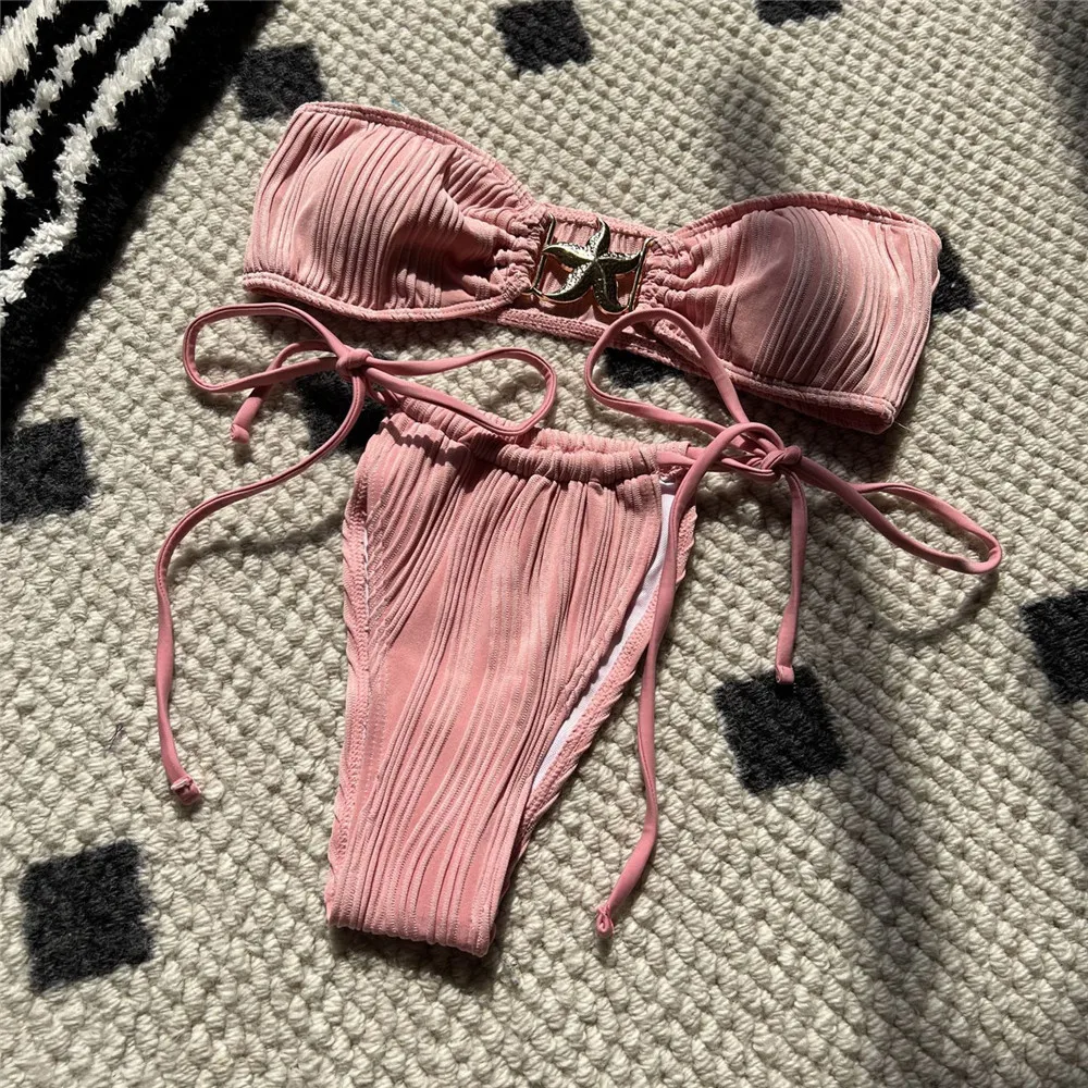 Sexy schwarzer Badeanzug, Seestern-Schnalle, Bandeau-Mikro-Bikini, Tanga, 2025, Damen-Textur, trägerlose Bademode, Badeanzug, Bikini-Sets