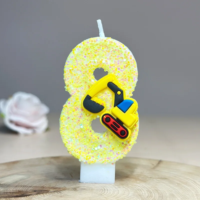 Bougie numérique d'excavatrice jaune, bougie d'anniversaire à paillettes jaune vif, plug-in de décoration d'ambiance de gâteau de dessert de fête festive
