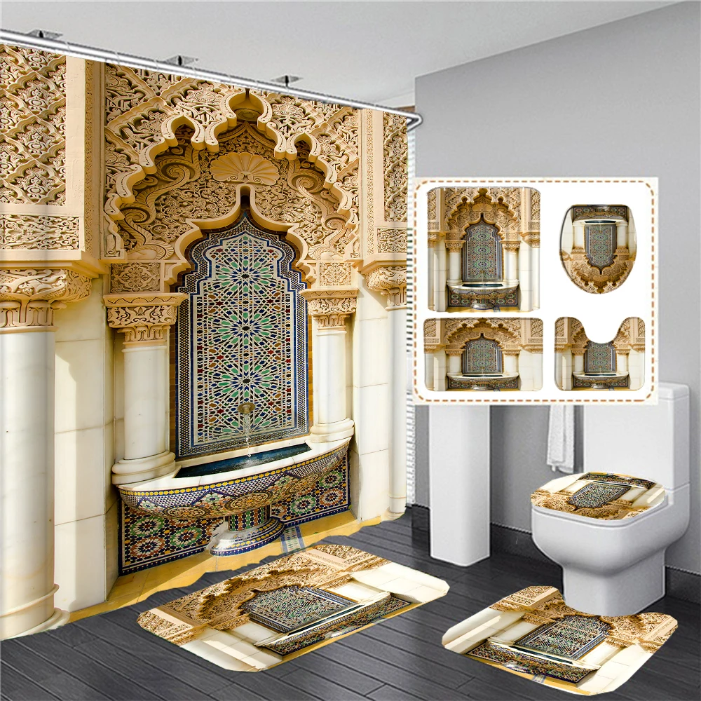 3D Print Moroccan Retro Architectural style Bathroom Curtains Shower Curtain Set for Bathroom Non-Slip Carpet Bath Mat Rug Decor