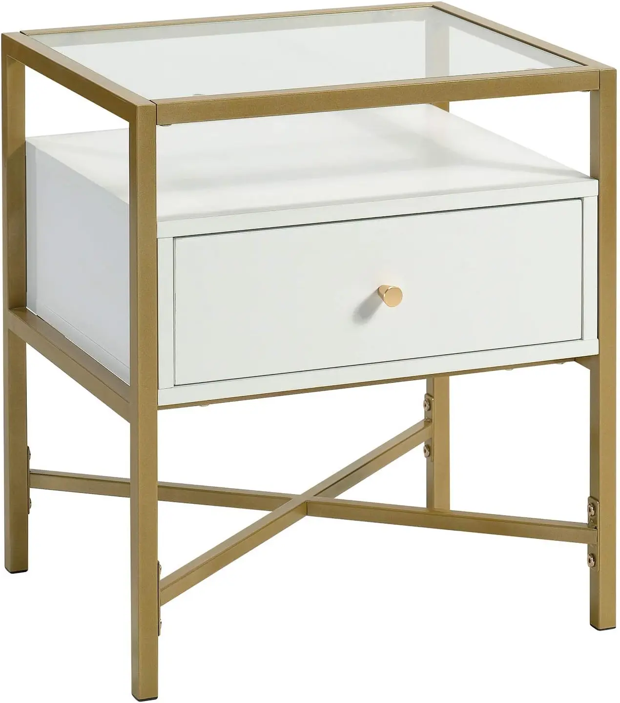 

Harper Heights Contemporary Glass Top Side Table with Storage, White Finish