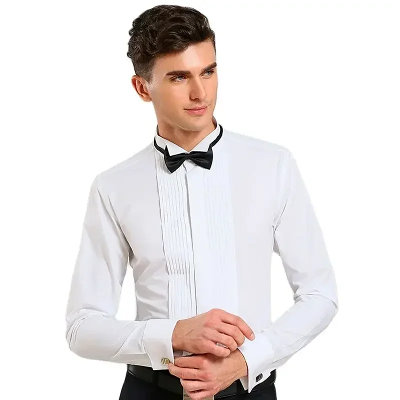 Classic Winged Collar Dress Shirt Men's Wingtip Tuxedo Formal Shirts with Red Black Bow Tie Party Dinner Wedding Tops