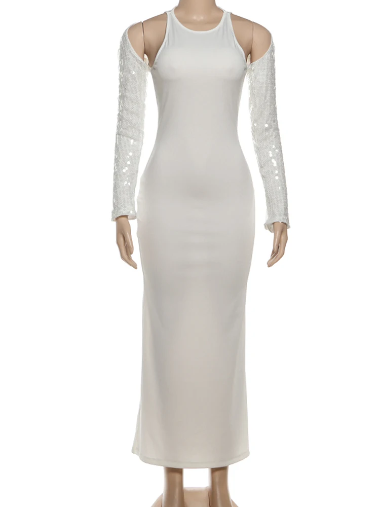 Kliou Lässiges, elegantes 2-teiliges Set für Damen, glänzende Pailletten, volle Ärmel, bauchfreie Mäntel + O-Ausschnitt, ärmellose, dünne Kleider, Street Fashion-Anzüge