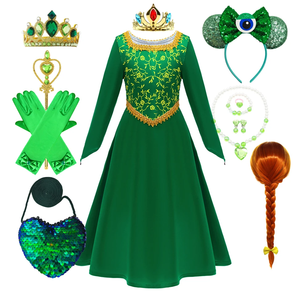 Kids Anime Princess Green Dress Fiona Cosplay Monster Role Playing Costume Halloween Fantasy Party Sets Girls Children Clothes