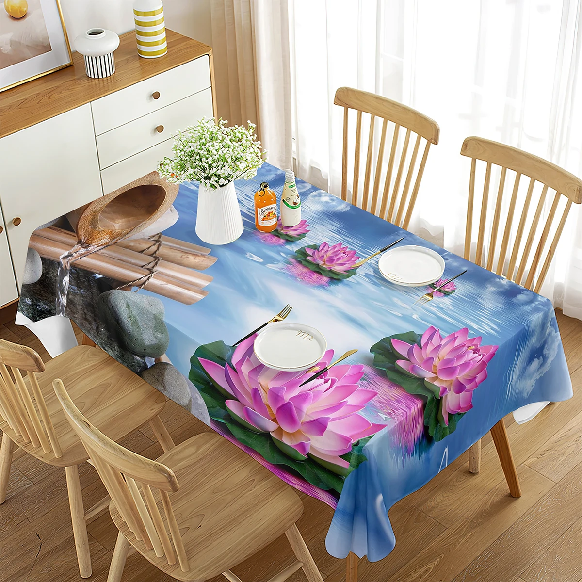 Imagen 7: Mantel rectangular con diseño de plantas y flores Zen, cubierta para mesa de centro, comedor, cocina, sala de estar, decoración para picnic