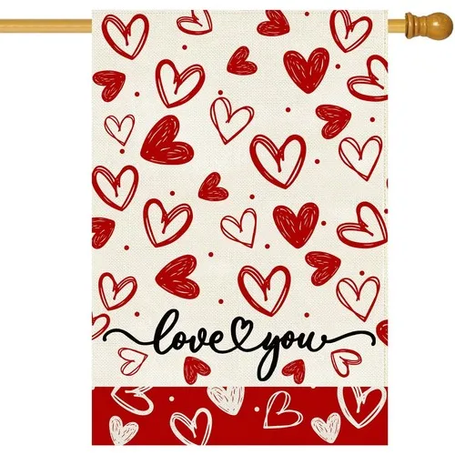 Valentines Day Garden Flag 28 x 40 Inch, Love Heart Double Sided Burlap Large OOV IIC