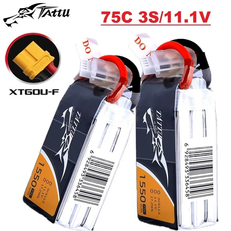 TATTU 3S 11.1V 1550mAh 75C LiPo Battery For RC Helicopter Quadcopter FPV Racing Drone Parts With XT60 11.1V Rechargeable BATTERY