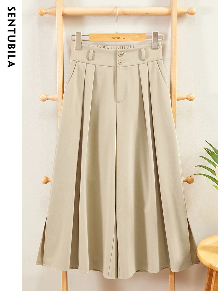 SENTUBILA Elegant Khaki Skirt Pants for Women 2024 Summer Fashion Casual Elastic Waist Loose Side Split Wide Leg Pleated Pant