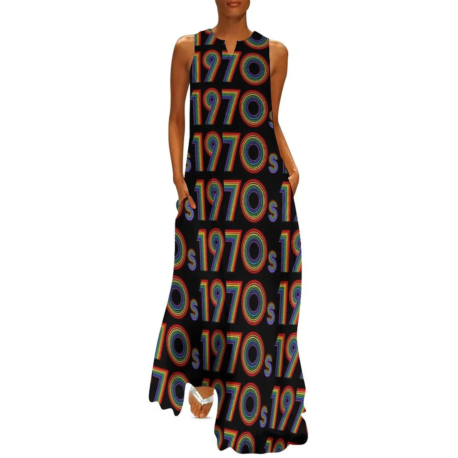 

1970s Retro Rainbow Disco Font Long Dress Women's long dress women party dresses Women's summer dress