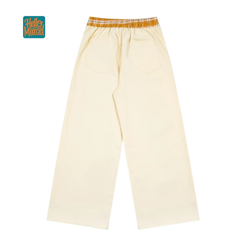 HELLOMARCEL EU US Size Luxury Quality Casual Pants Retro Plaid Waistband Flocked Embroidery Carton Wide-Leg Pants