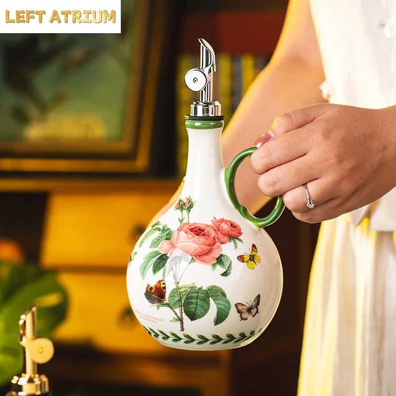 Vintage Floral Pattern Ceramic Oil Pot Olive Oil Bottle Soy Sauce Vinegar Bottle Seasoning Bottle Household Seasoning Tool