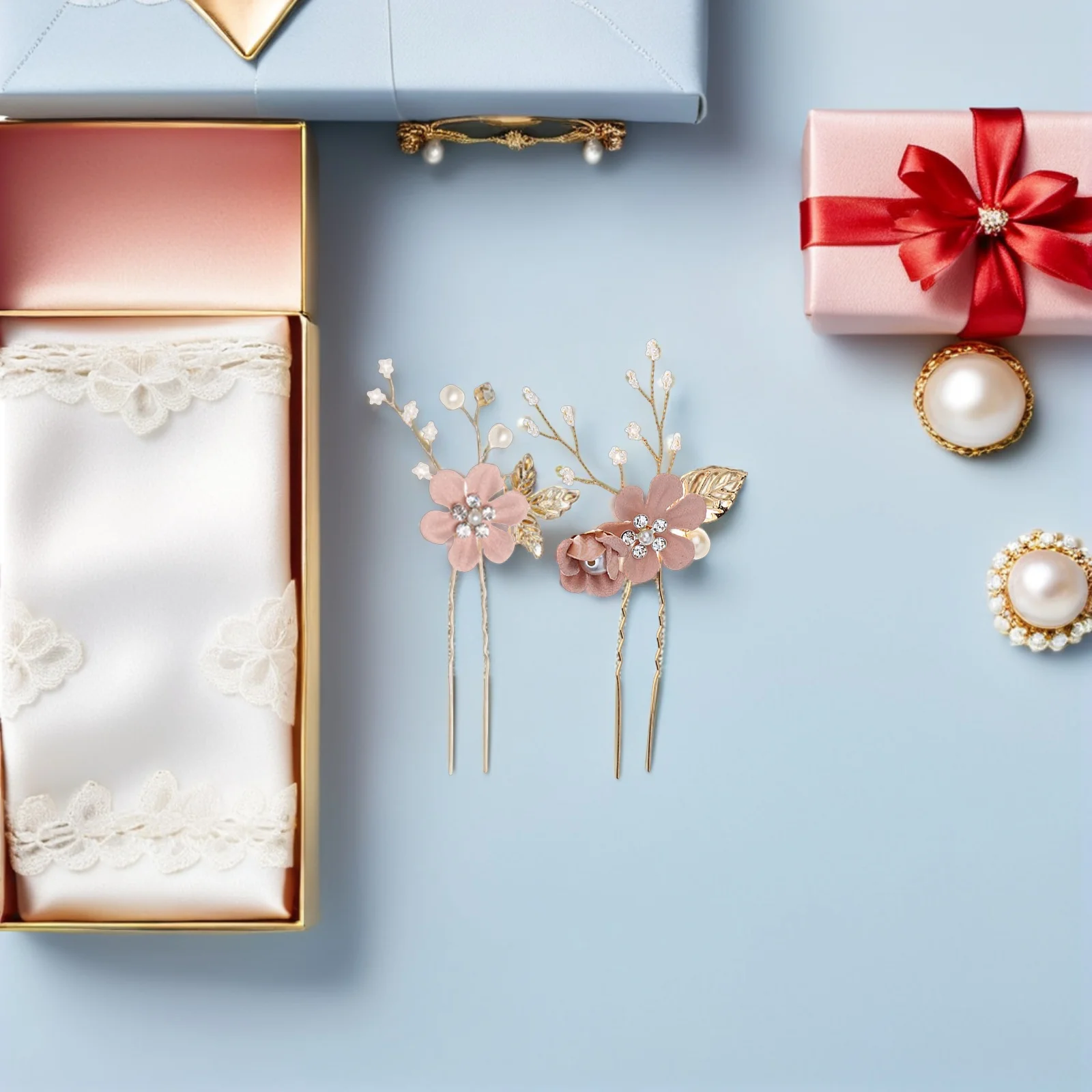 

2pcs Wedding Flower Hairpins Accessories U-Shaped Hairpins For Women Sparkling Bridal Hairpiece Wedding Party Decoration Hair