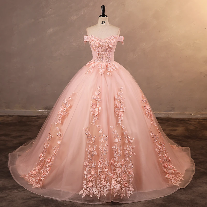 متوفر فستان حفلة وردي مع قطار رخيص 15 فساتين Quinceanera زهرة حلوة فستان حفلات رسمي فستان رخيص حسب الطلب