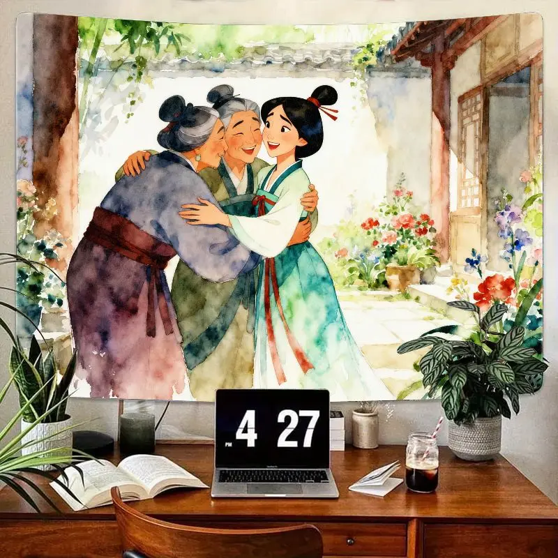 

1 шт., акварельный азиатский семейный гобелен для объятий, современное эстетическое настенное искусство для гостиной, спальни, декор, подарок, в стиле ханьфу, Kawaii St