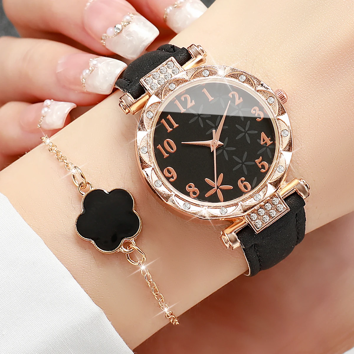 6PCS/Set Fashion Flower Dial Women Quartz Watch Leather Band Wristwatch Jewelry Set(Without Box)