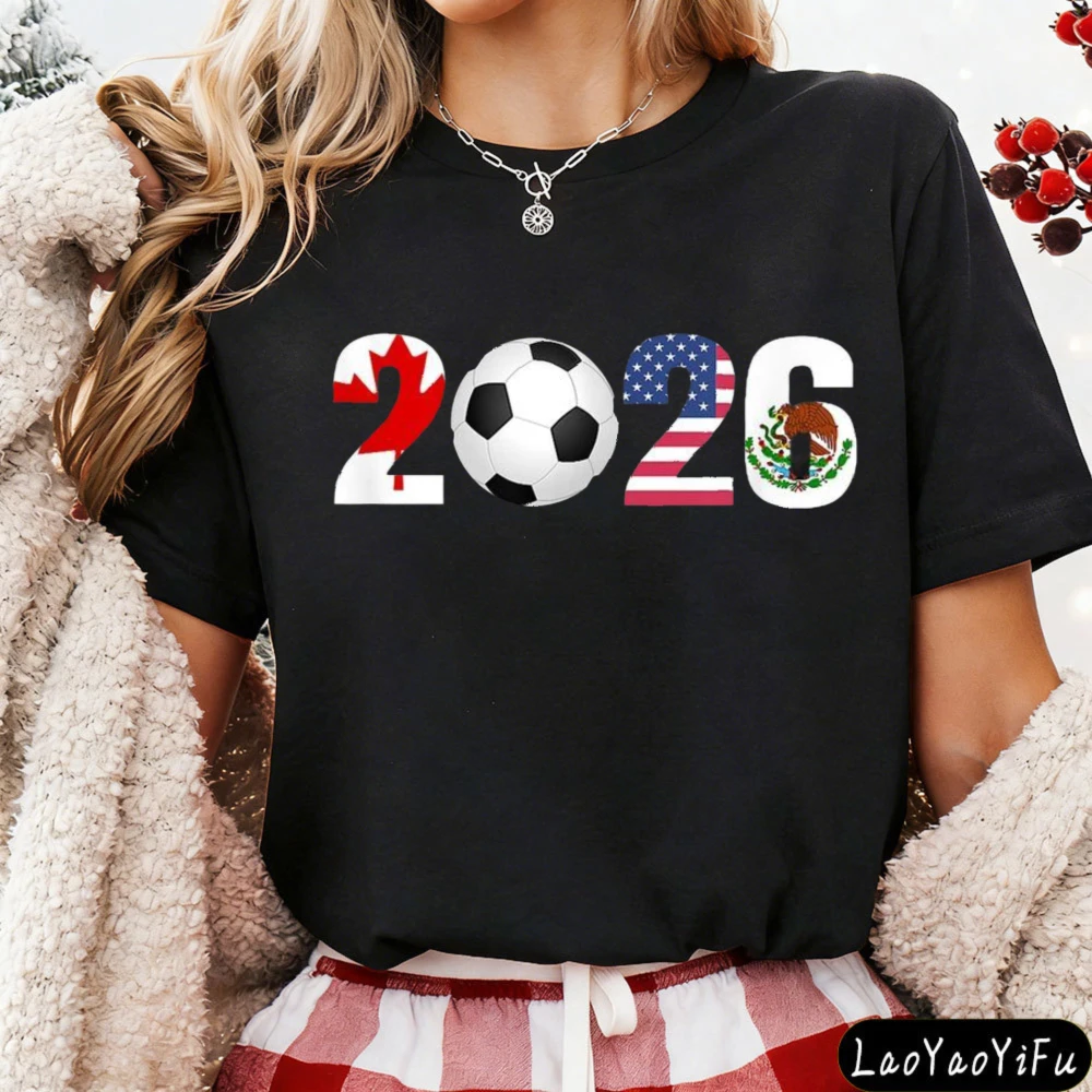 Canadian Leaf American Flag Mexican Eagle 2026 Soccer Printed Shirt Women Men Cotton Short Sleeve 2026 Soccer Fan Casual Tops