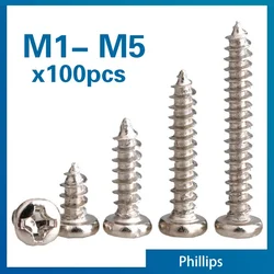 100pcs/lot Phillips Self Tapping Screws Cross Recessed Round Head Nickel Plated Carbon Steel M1, M1.4 M1.7 M2.3 M2.6 M3.5 M5