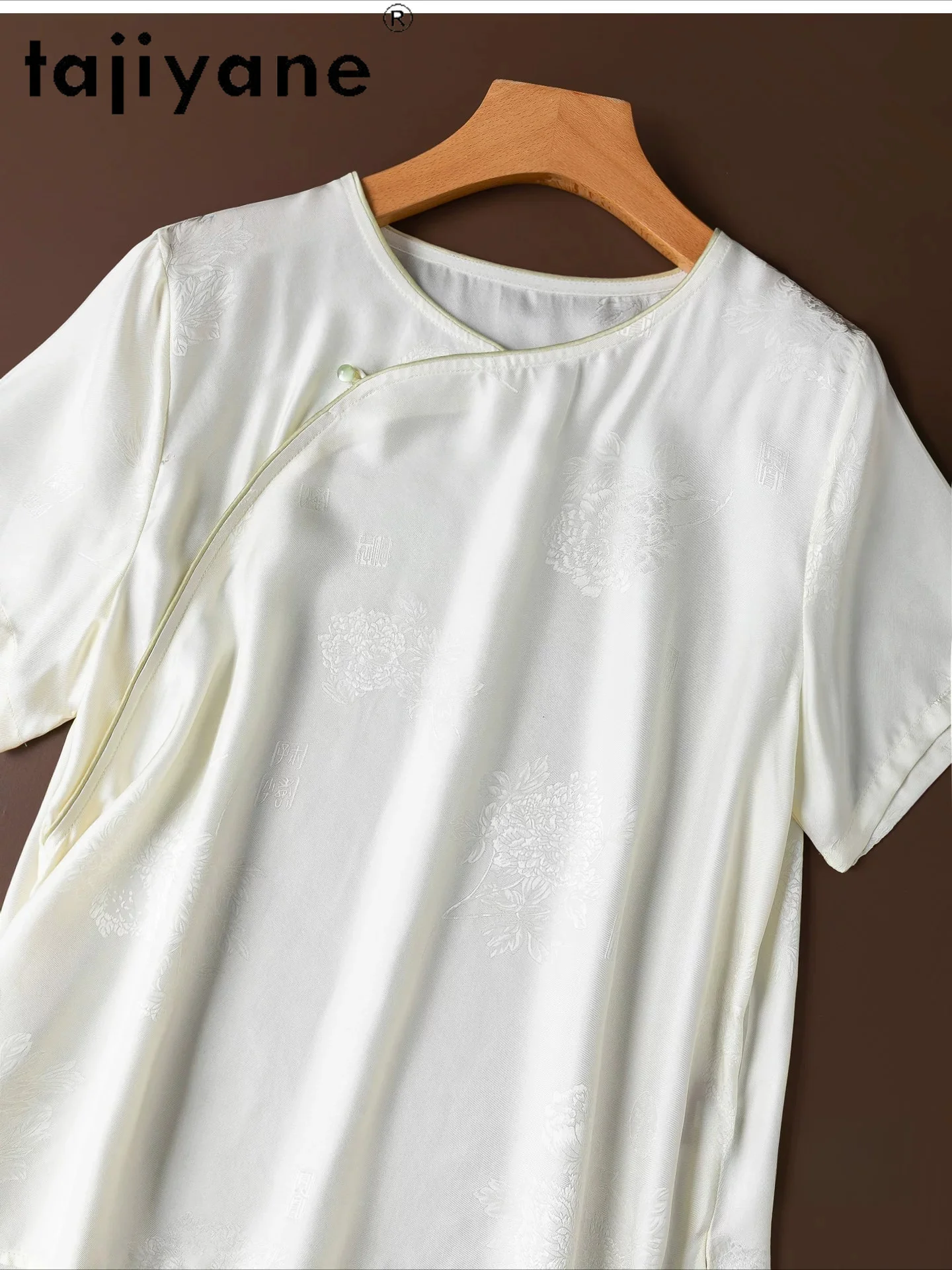 TAJIYANE 100% Mulberry Silk Women T Shirts White Jacquard T Shirt New Chinese Style Summer Tops for Woman Clothing 2026 футболка