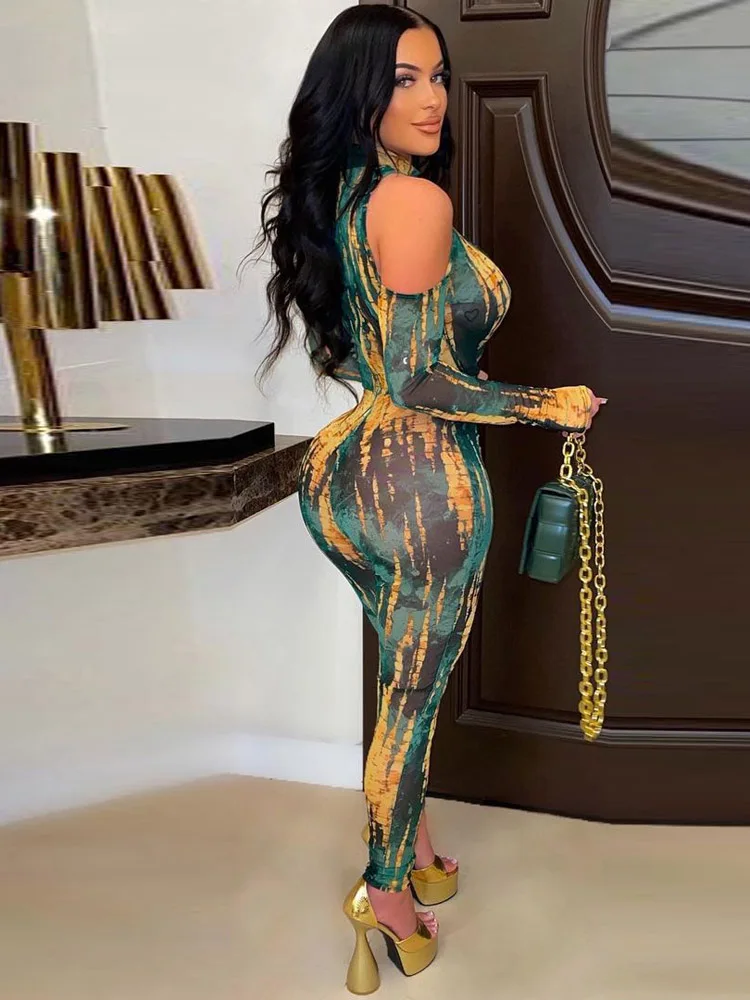 Women Tie Dye Cut Out Shoulder Bodycon Jumpsuit Sexy Party One Piece Overall Romper Playsuits 2022 Spring Summer New