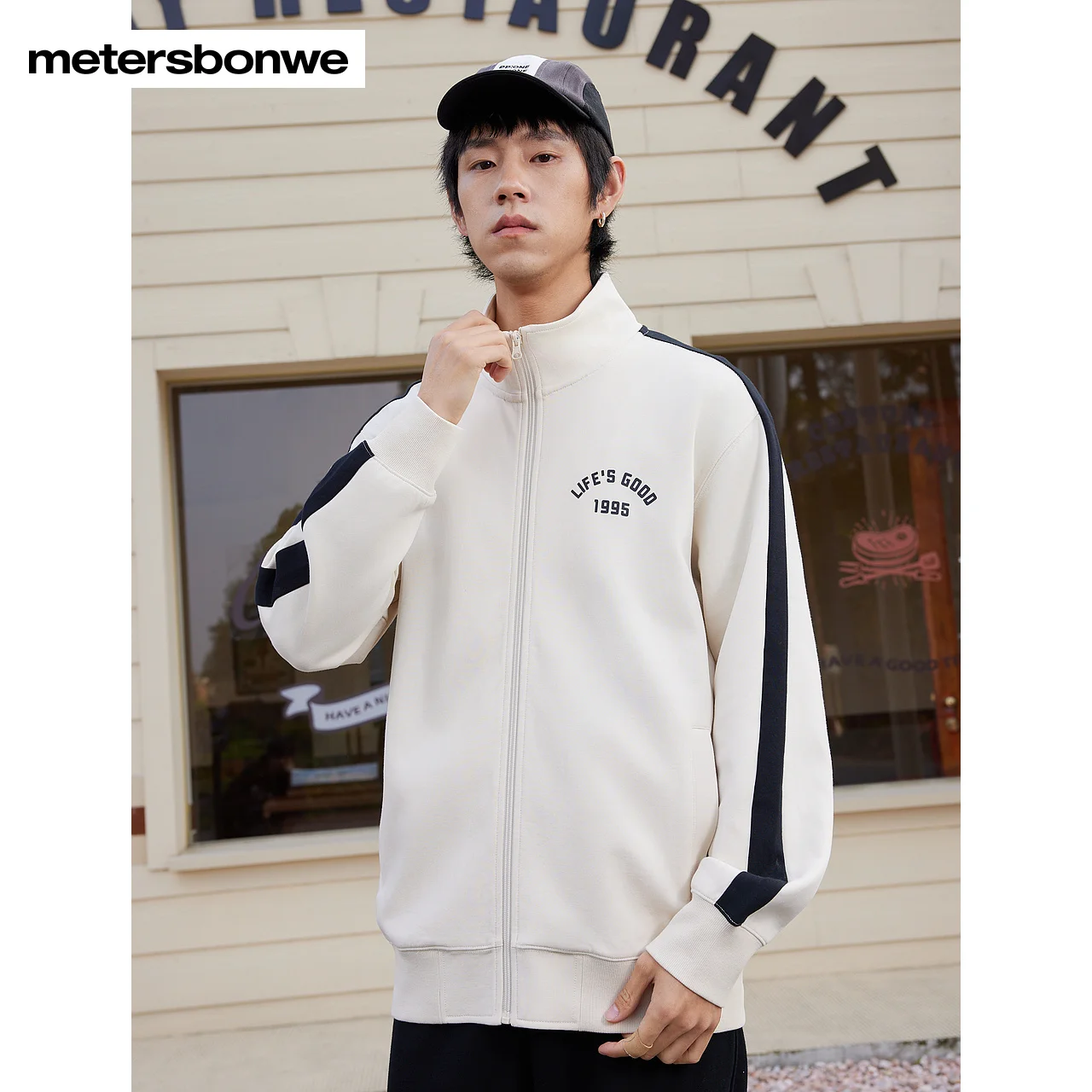 

Metersbonwe-Men's Stand Collar Color Clash Jackets Two Side Pocket Wear Resistant Breathable Campus College Retro Sports Spring