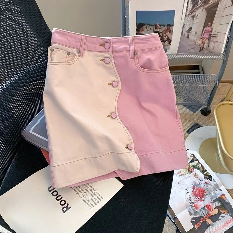 

Джинсовая юбка для девочек, лето 2026, детская короткая юбка А-силуэта, с цветными блоками, пэчворк, на пуговицах, стильная, повседневная, универсальная для девочек ​