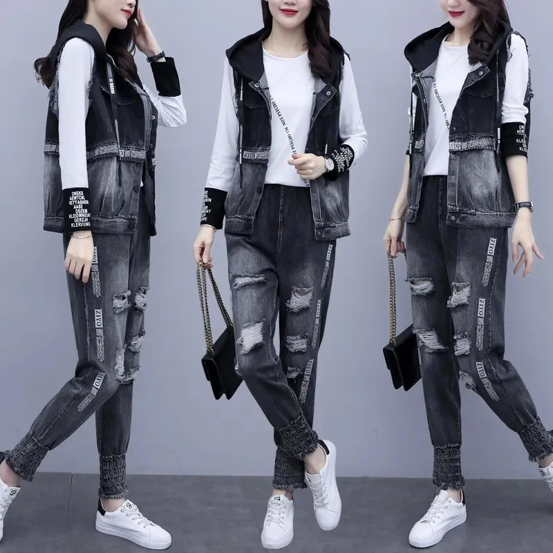 European 2023 Spring Fashion New Women Wear Bomb Street Reduce Age Show Slim Fashion Denim and Fashionable Set Of Three Pieces