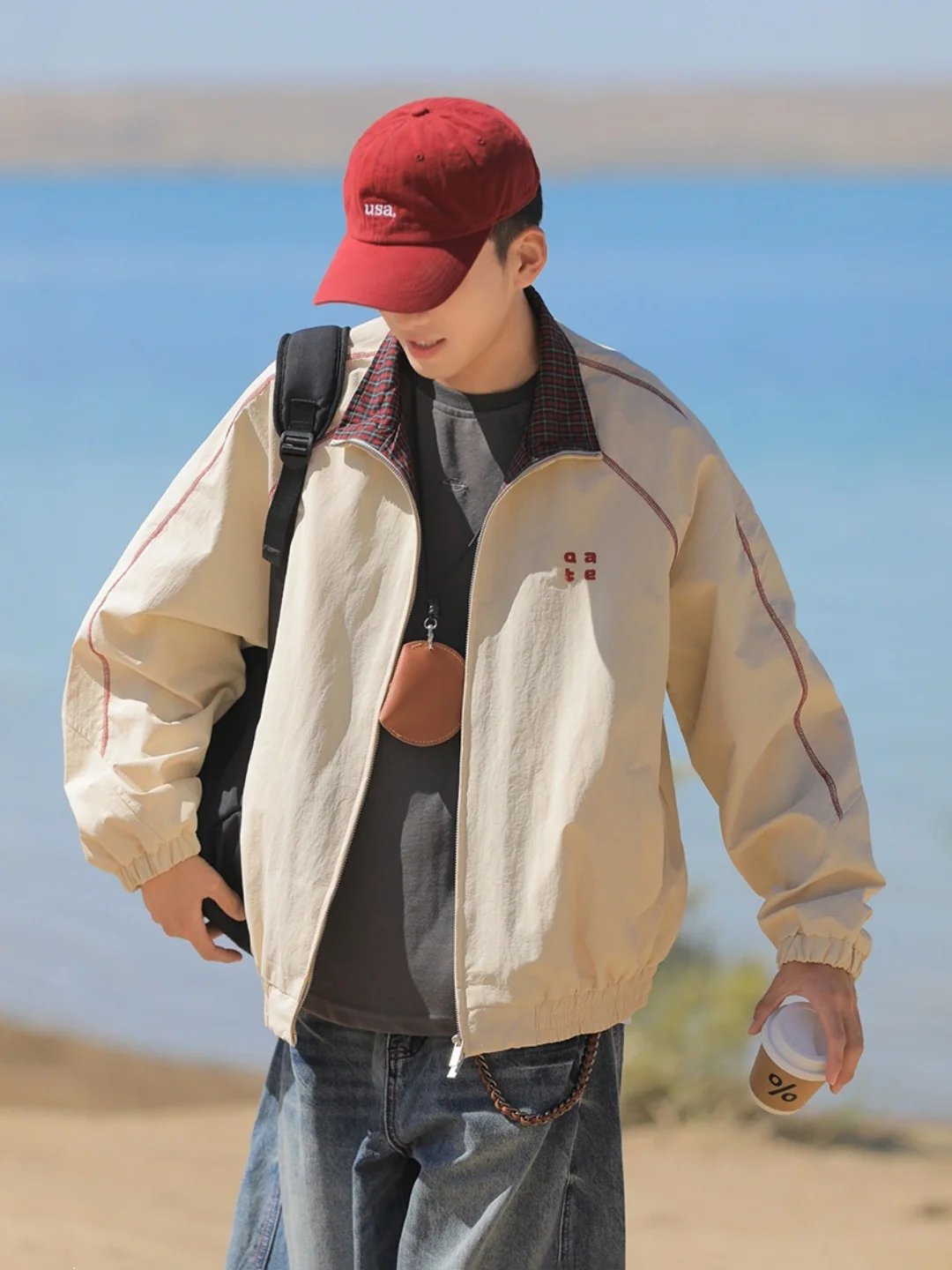 

Retro Japanese Sle Spor Plaid Jaet Loose Fit Casual Collar ex Spring Autumn Trendy Outerwear Long Sve Zipper