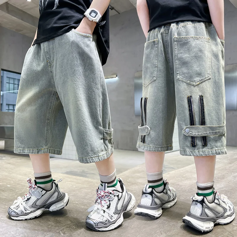 

New Summer Children Fashion Straight Fit Three Quarter Denim Shorts with Back Zipper For Kids Boys Stylish Cropped Jeans Pants