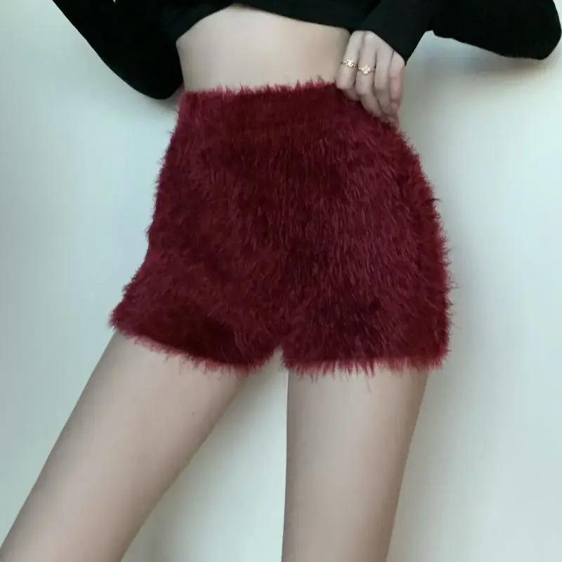 Autumn Winter New Trendy Plush Shorts Sweet Solid Color High Waist Street Wear Shorts Women's Bottom Shorts Pure Desire Style