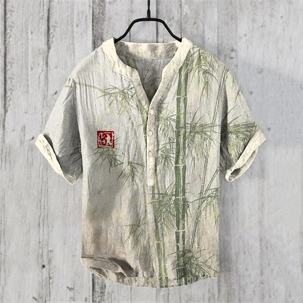 

Men's V-neck short-sleeved linen shirt casual and comfortable 3D printed bamboo ink painting various types of oversized shirts