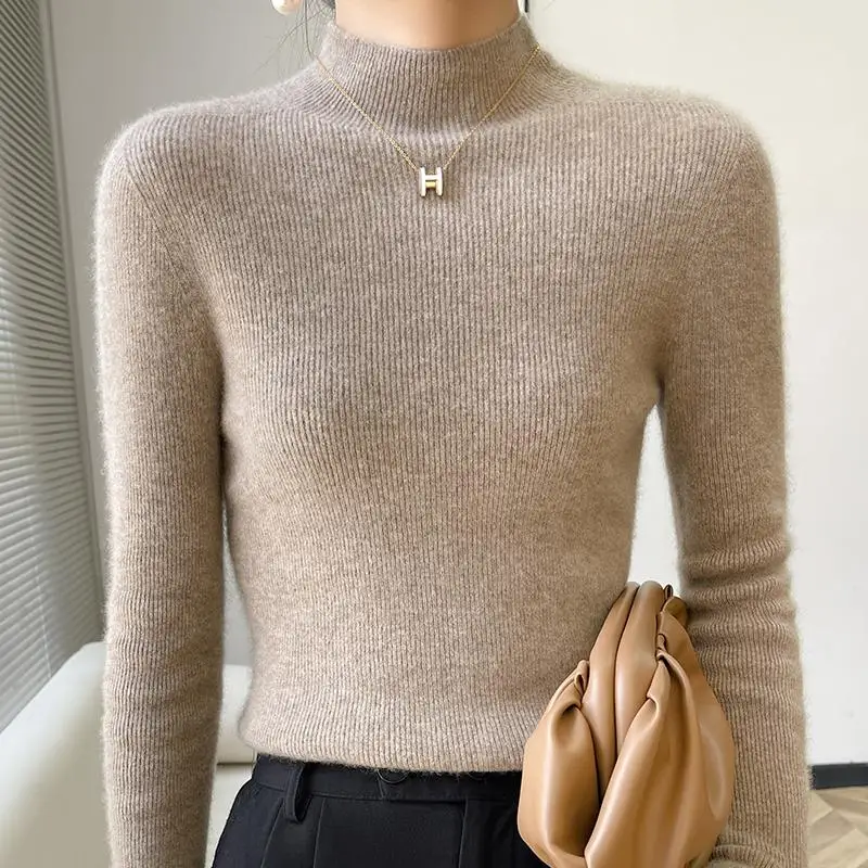 Women's Sweater Half High Neck Knitted Pullover Korean Version Slim Long Sleeve Solid Knitted Tops