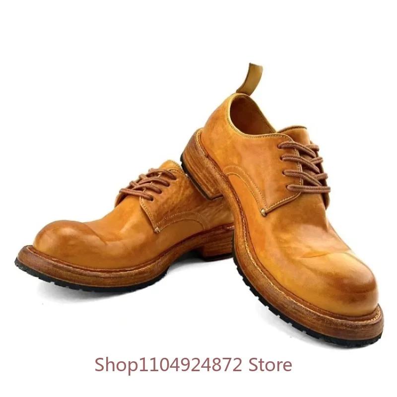 Handmade Washed Horsehide Washed Casual Retro Genuine Leather Men's Shoes Thick Sole Lace‑up Work Dress Leather Shoes Male