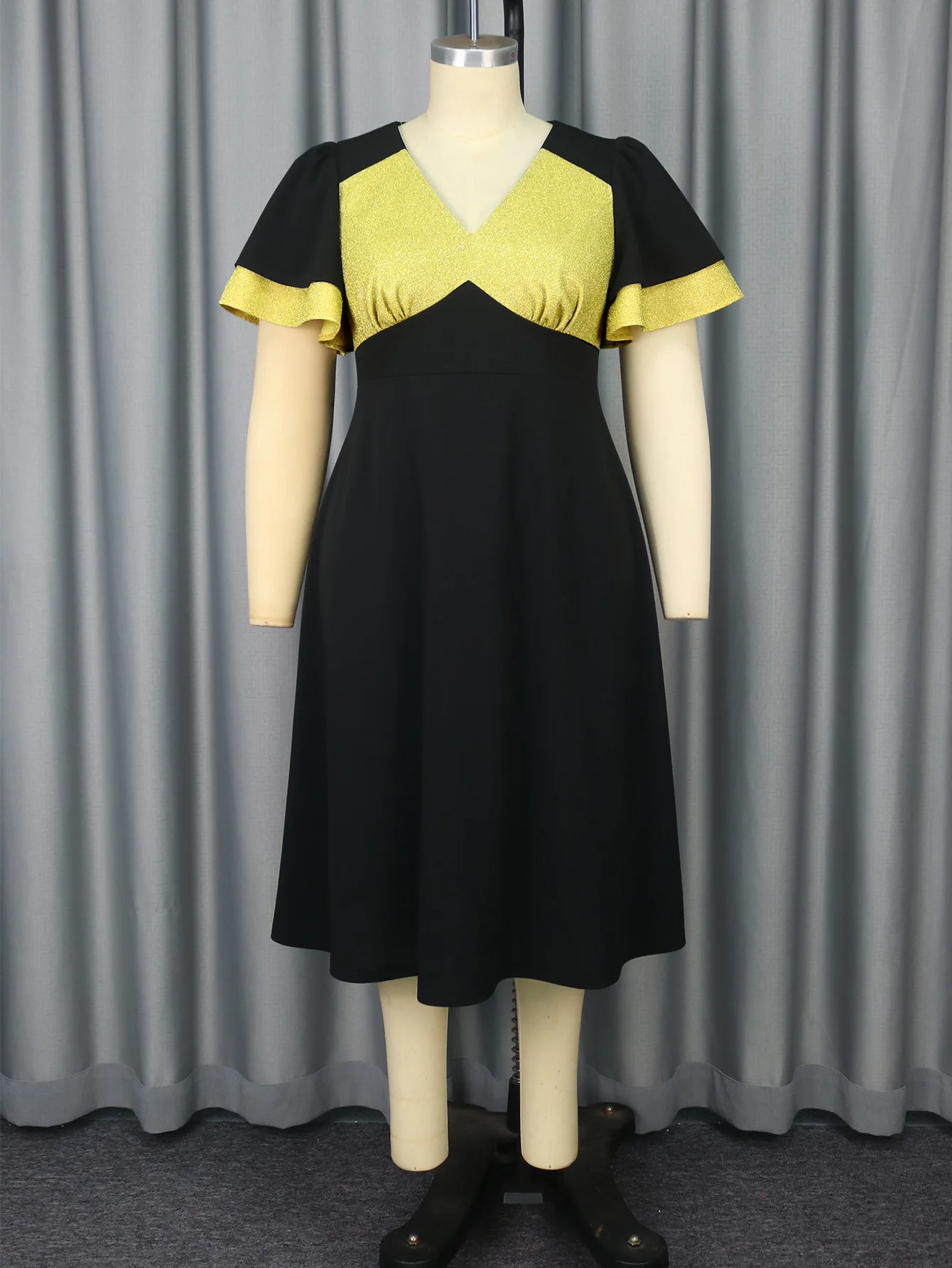 プラスサイズカラーブロックグリッタードレスフリルスリーブ A ライン痩身黒ドレス女性のドレスパーティー夏エレガンテスカジュアル Y2k