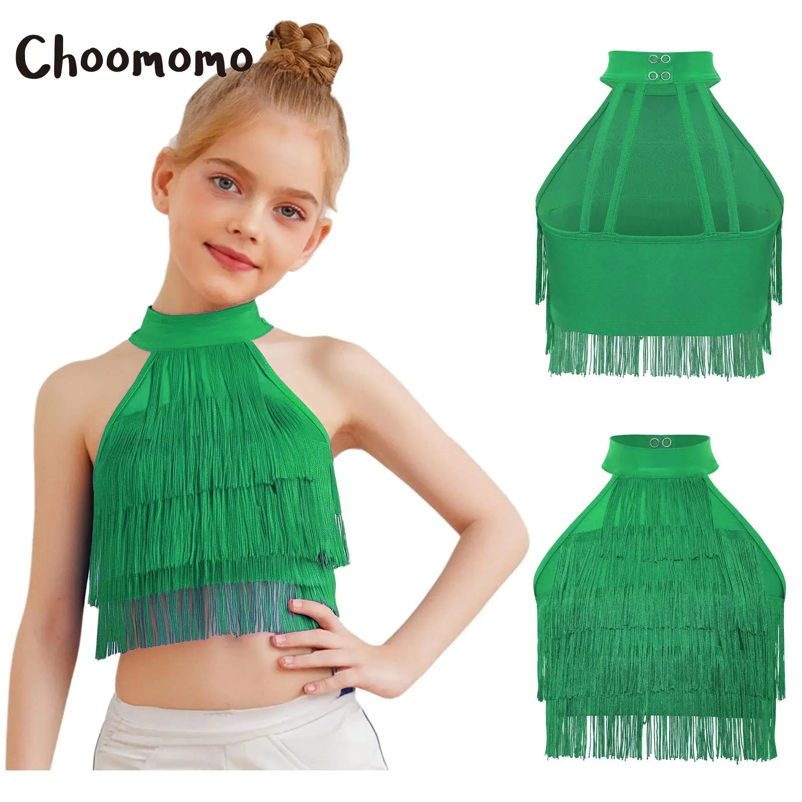 

Girls Latin Dance Crop Tops Salsa Rumba Samba Performance Competition Costume Sleeveless Strappy Back Tiered Tassels Crop Vest