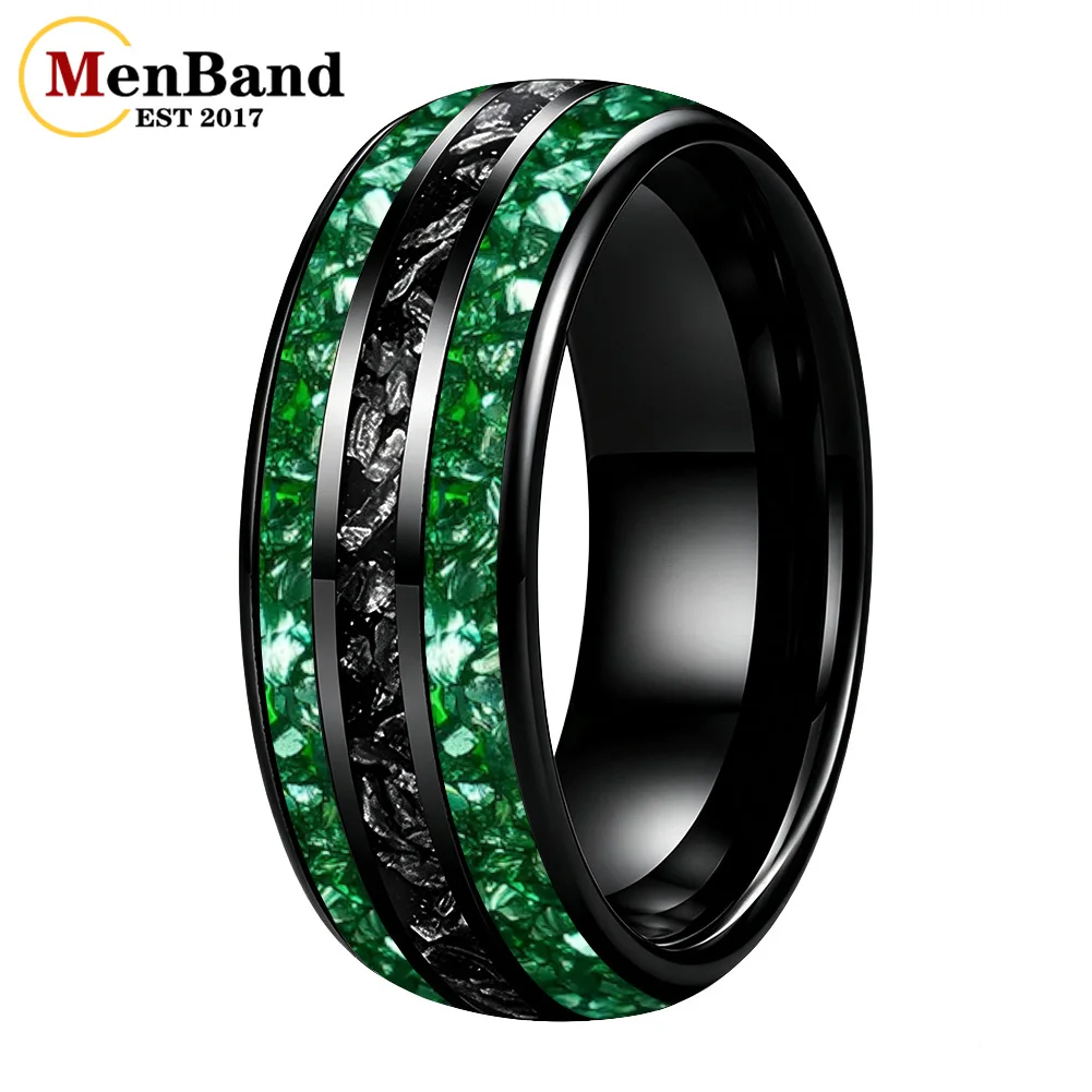 Men Women 8mm Black Tungsten Carbide Wedding Band Ring Green Crystal Stone and Black Meteorite Inlay，Comfort Fit Promise Ring
