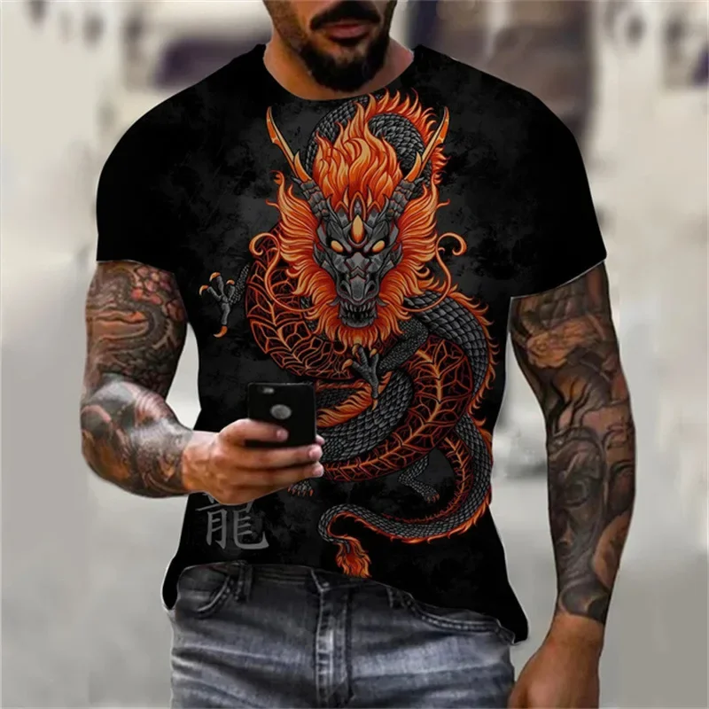 

Europe and America Man Streetwear Dragon Printed Short Sleeve Summer Men's Hip Hop T-shirt Casual Clothing Harajuku O-Neck Top