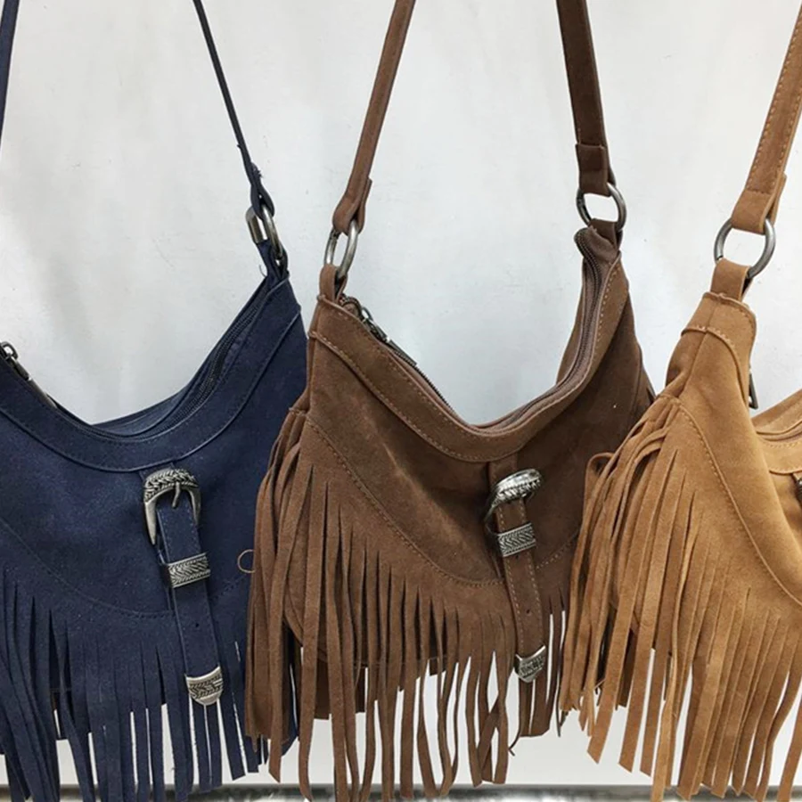 Vintage Tassel Crossbody Shoulder Bags Women Fashion Faux Suede Small Handabg and Purse Female Commuter Design Armpit Hobos Bags