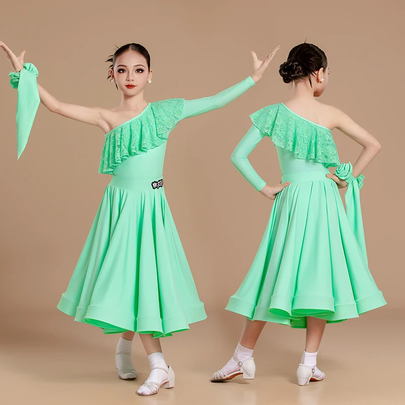 Sukienka do tańca nowoczesnego z jednym rękawem dla dziewczynek, sukienka do tańca latynoamerykańskiego z falbankami, kostiumy konkursowe do walca i tańca towarzyskiego dla dzieci XS10456