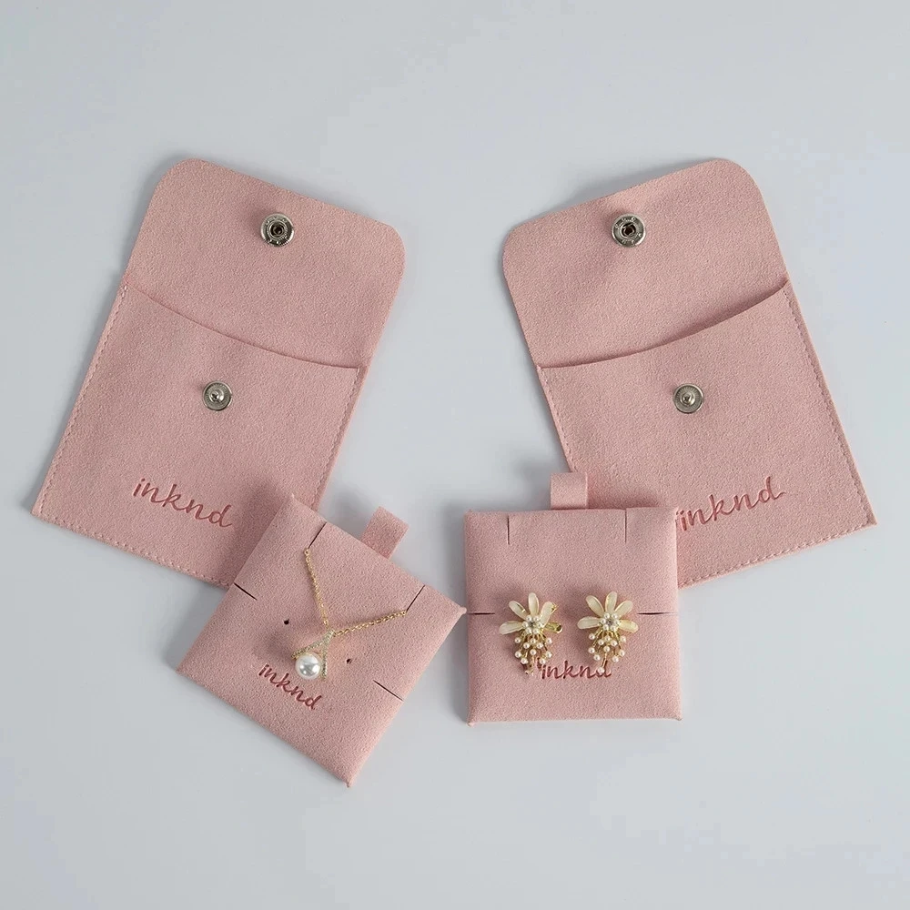 

Custom Logo Jewelry Bags 8x8cm Microfiber Snap Jewelry Earrings Necklace Organizer Pouch Gift Bags with Insert Hardboard Cards