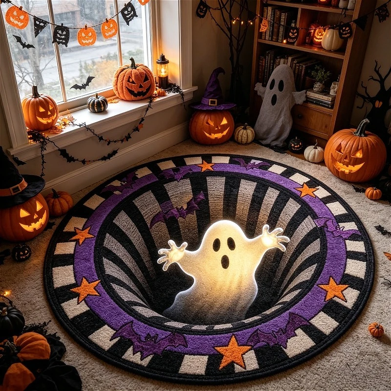Halloween 3D Vortex Illusion Round Rug Cute Ghost Bat Star Print Home Floor Mat Spooky Halloween Party Indoor Decor Carpet