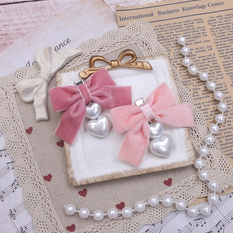 Y2K украшение для волос для девочек, бархатный бант, кукольный милый декор в виде сердца, заколка для волос, боковой зажим, головной убор, женский для Lo Girl