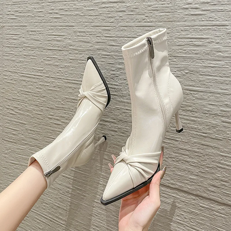 

8288-3 Off White Pointed High Heel Short Boots for Women 8CM Slim Heel Boots Side Zipper 2023 Autumn/Winter